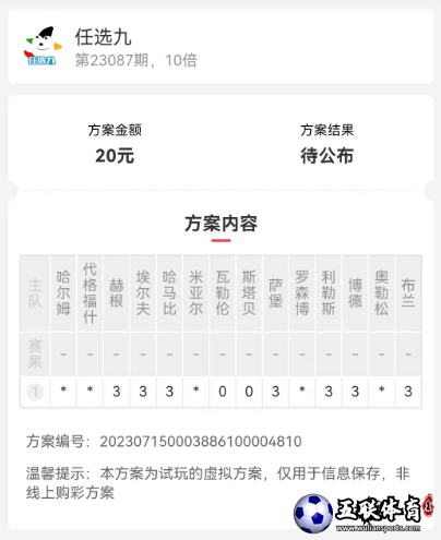 足彩任选九23087期方案推荐，两种方案任你选择。
