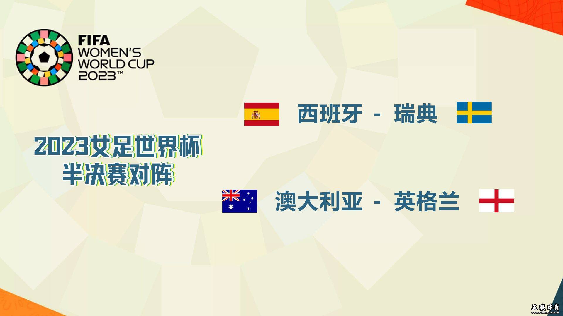 女足世界杯半决赛对阵：西班牙VS瑞典，澳大利亚VS英格兰。