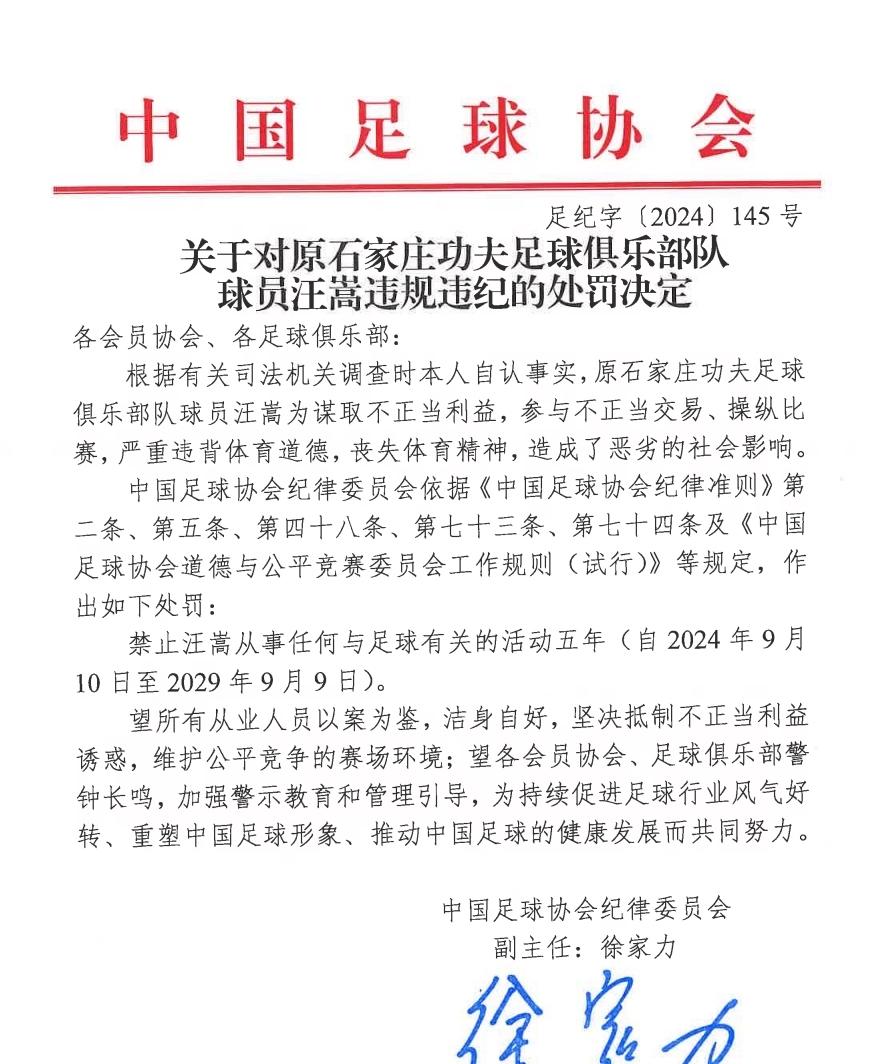 汪嵩否认打假球：问心无愧！争取和足协申辩，无奈结束职业生涯。