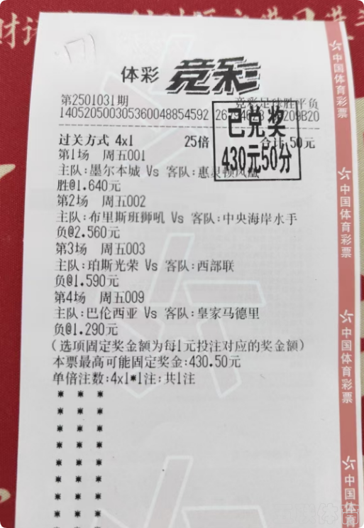 竞彩4串1再获好评，红单连连，快来沾沾我的好运。
